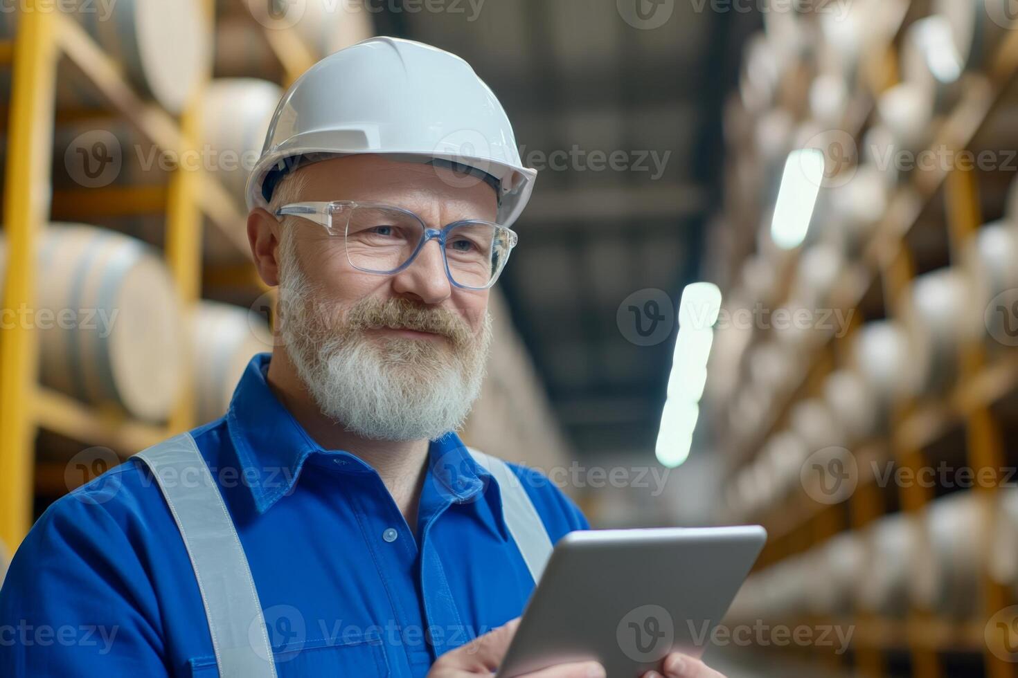 Senior worker in hard hat and glasses checks inventory using tablet in a warehouse filled with barrels photo