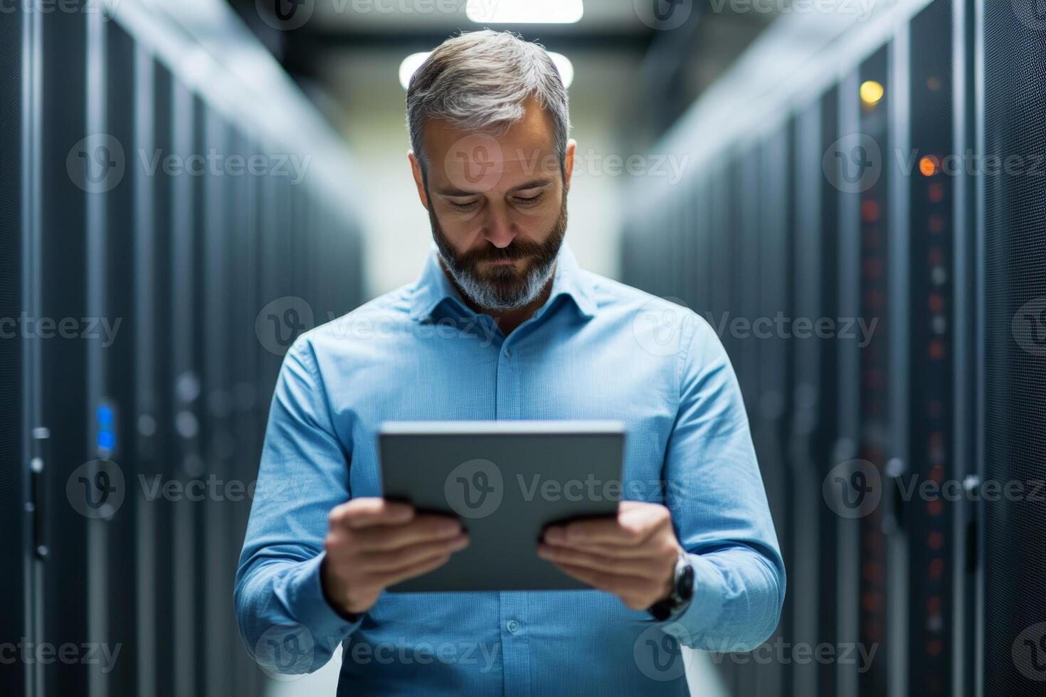 IT professional monitors server performance using a tablet inside a data center during the afternoon shift photo