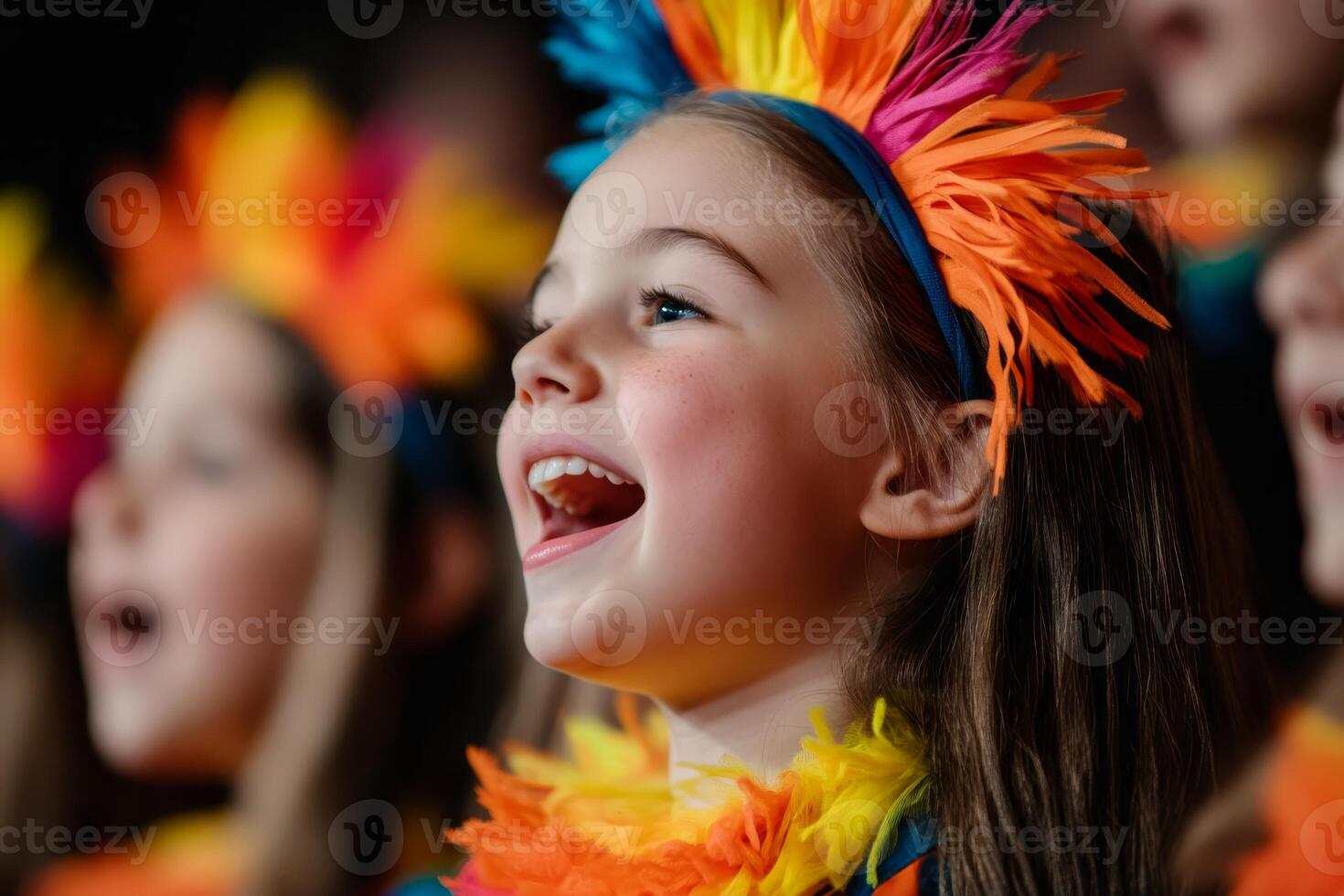 Children perform joyfully in colorful outfits during a school choir event at the community center photo