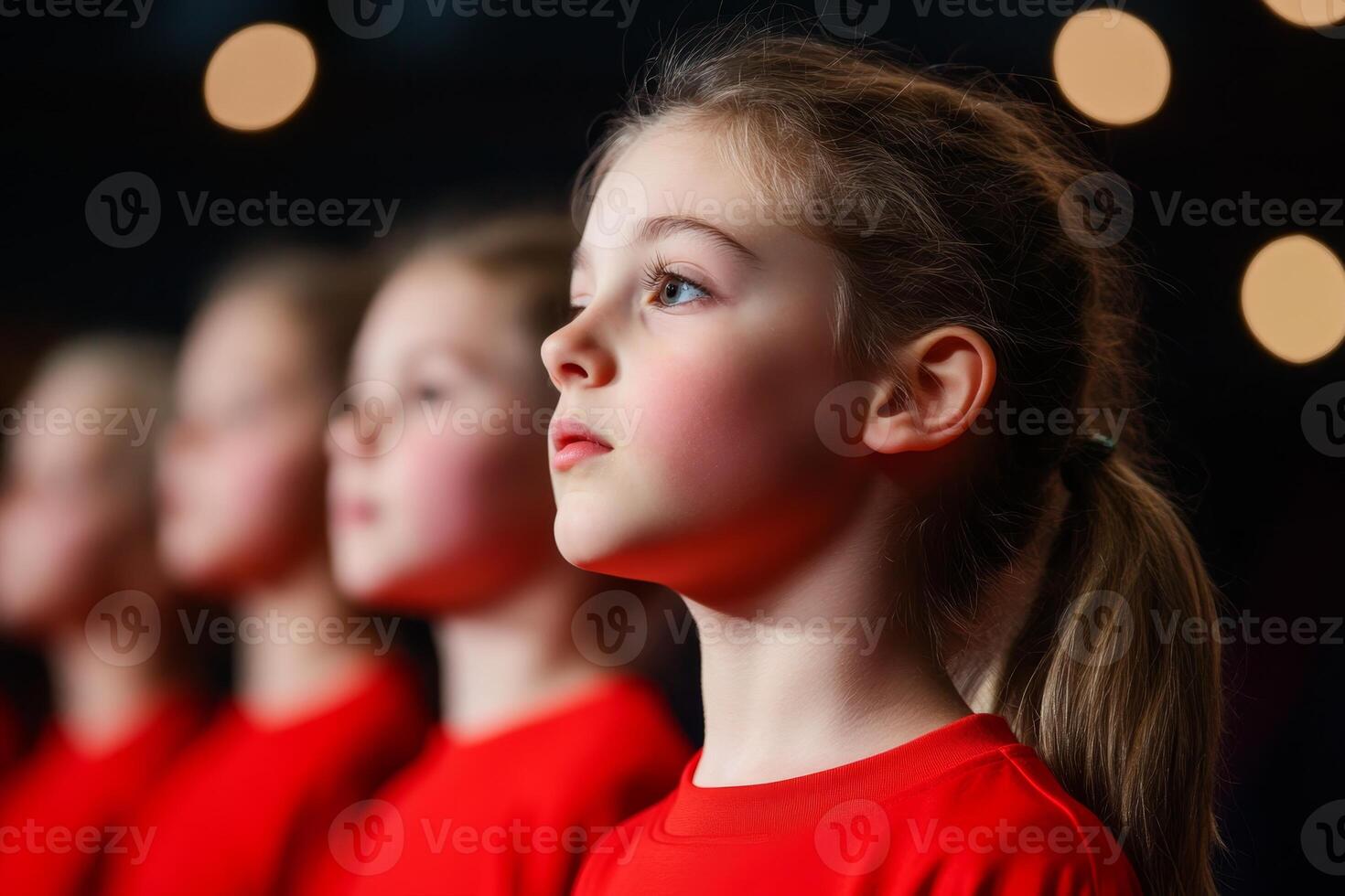 Young performers in red shirts showcase their talent during a school event at a local auditorium photo