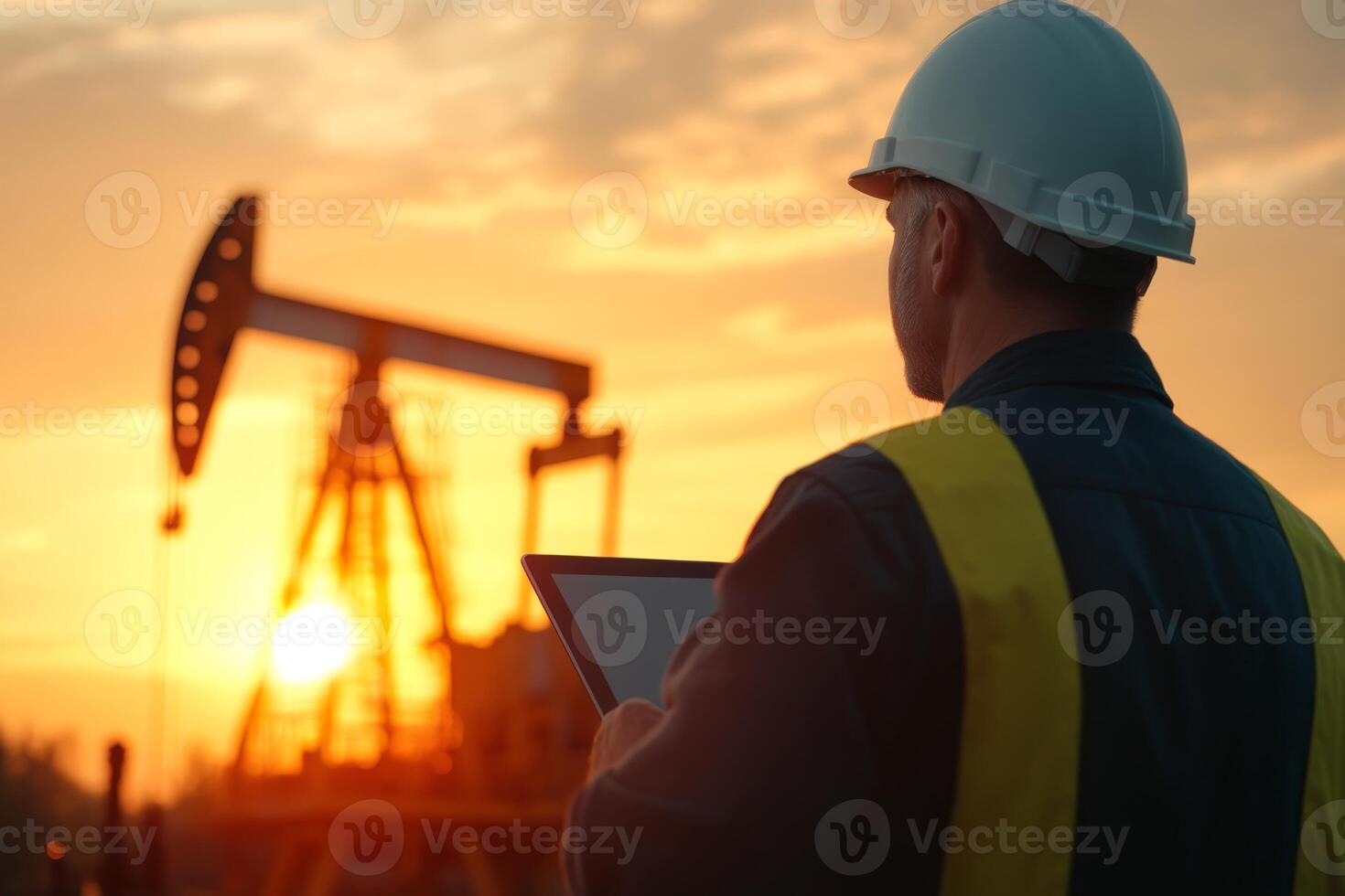A worker wearing a hard hat and safety gear observes the oil rig during sunset, using a digital tablet to monitor extraction activities in a field setting photo