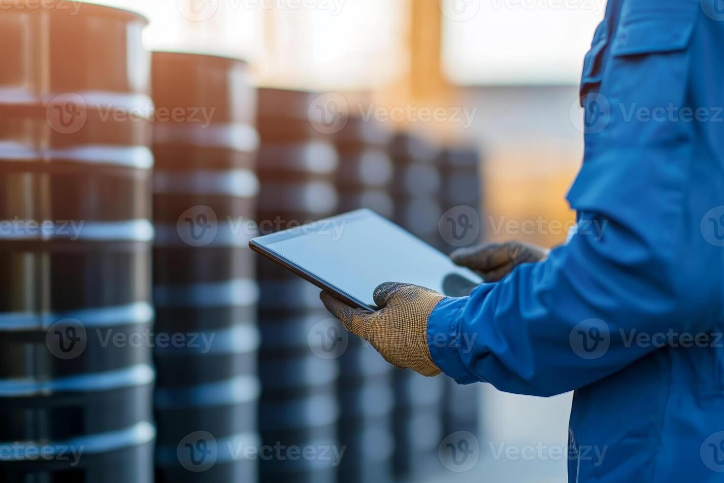 Worker in blue jacket uses tablet beside stacked black barrels in industrial setting during daylight hours photo