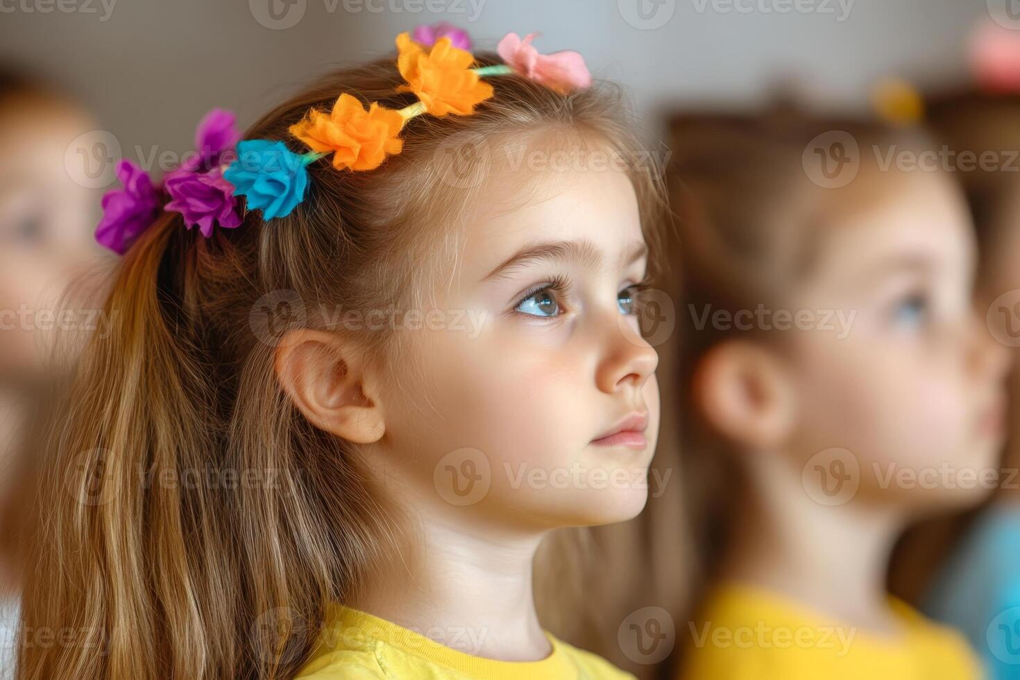 Young girl focused on activity while wearing colorful hair accessories during group event at community hall photo