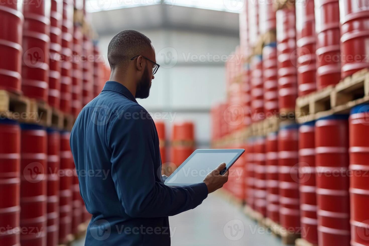 Professional observing inventory and managing logistics in warehouse filled with red barrels during daylight hours photo