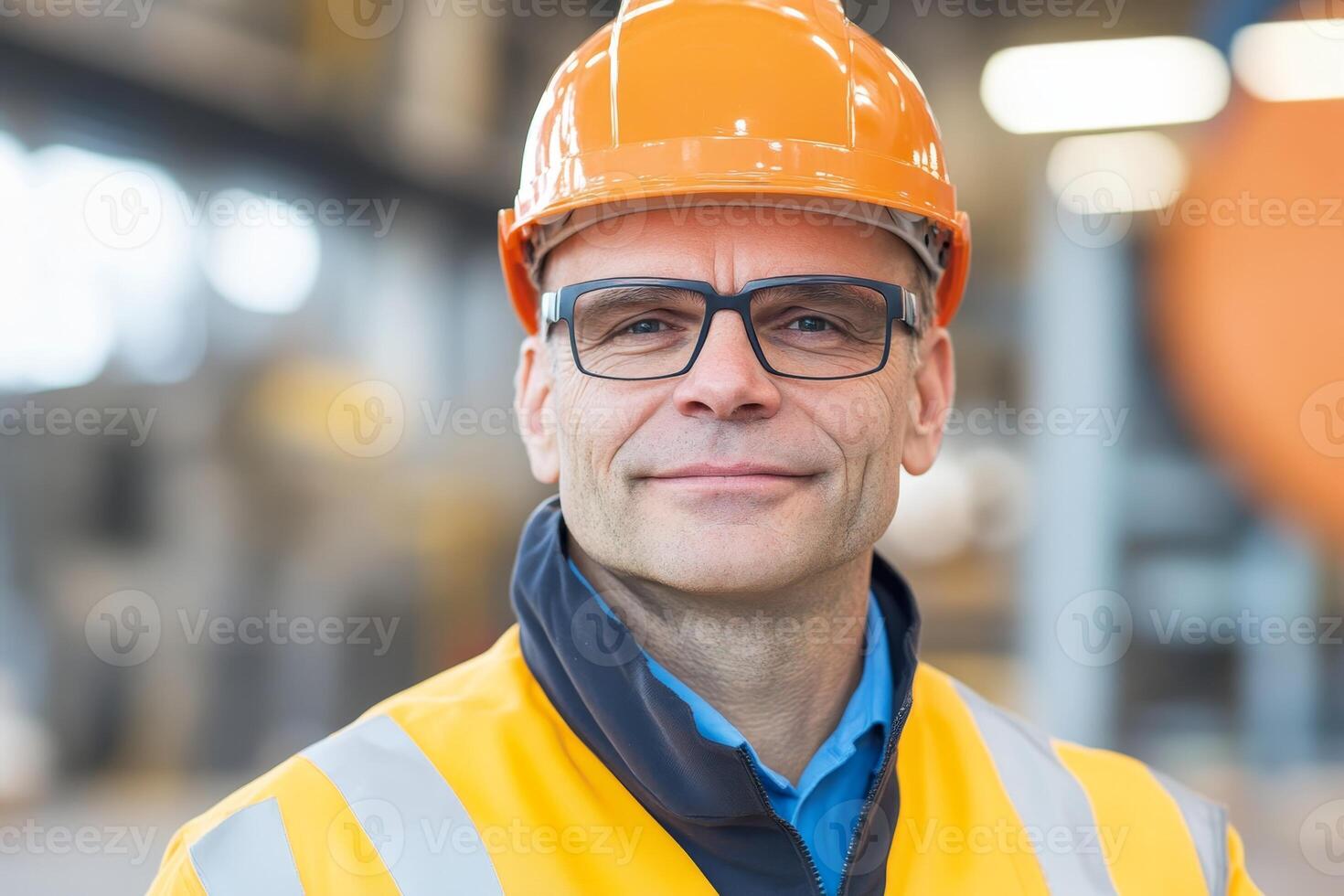 Safety manager in bright orange helmet and reflective vest smiling at industrial facility photo