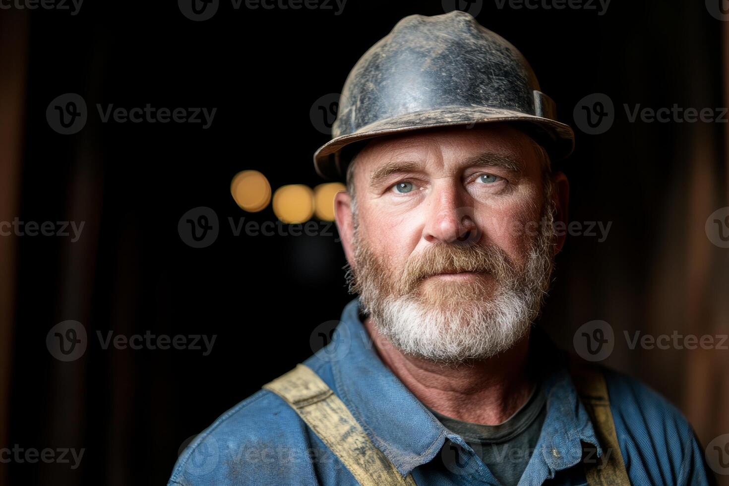 Miner poses for a portrait with rugged features, capturing decades of hard work in a dimly lit mine during evening hours photo