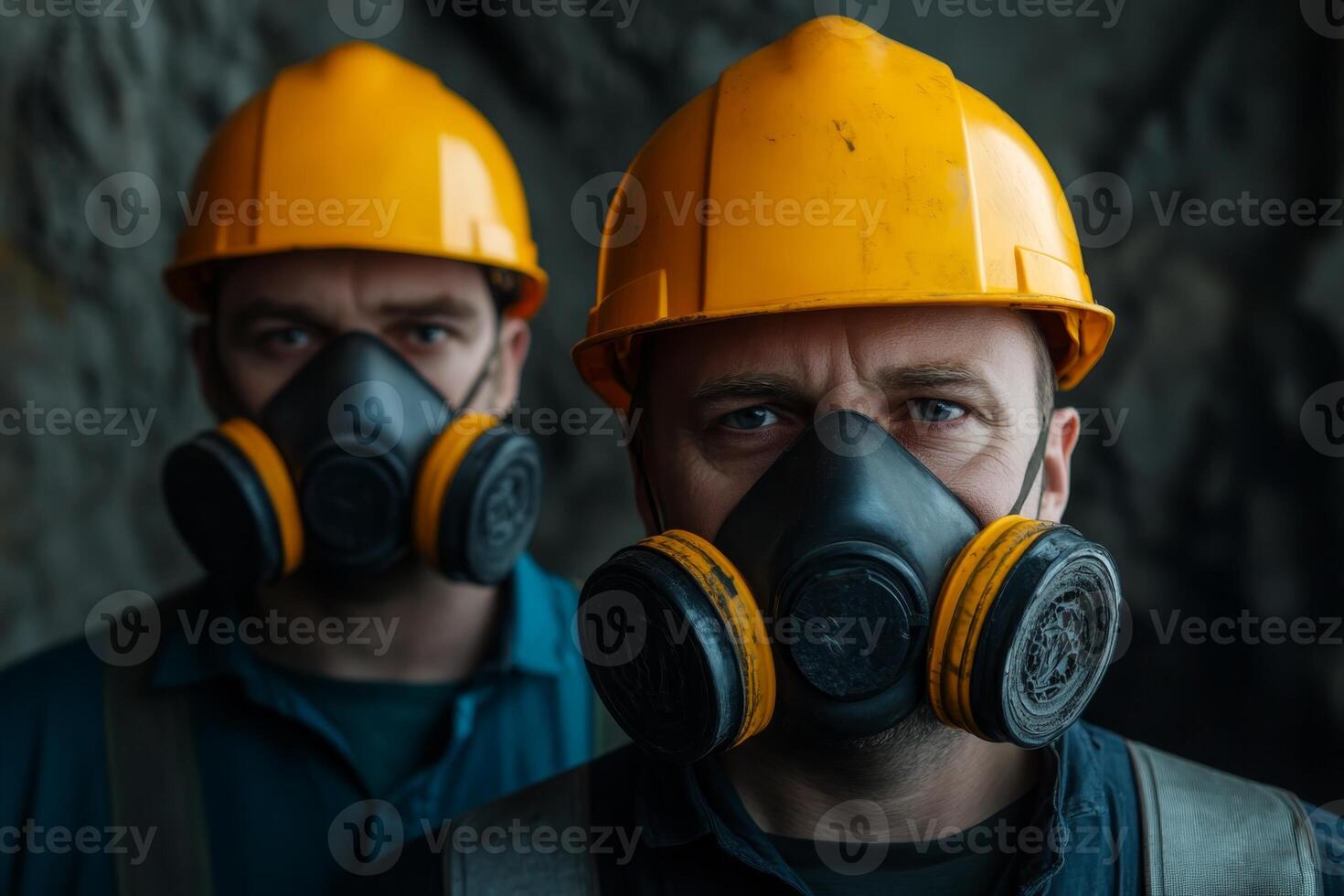 Miners in hard hats and masks prepare for their shift in a dimly lit tunnel at a coal mine photo