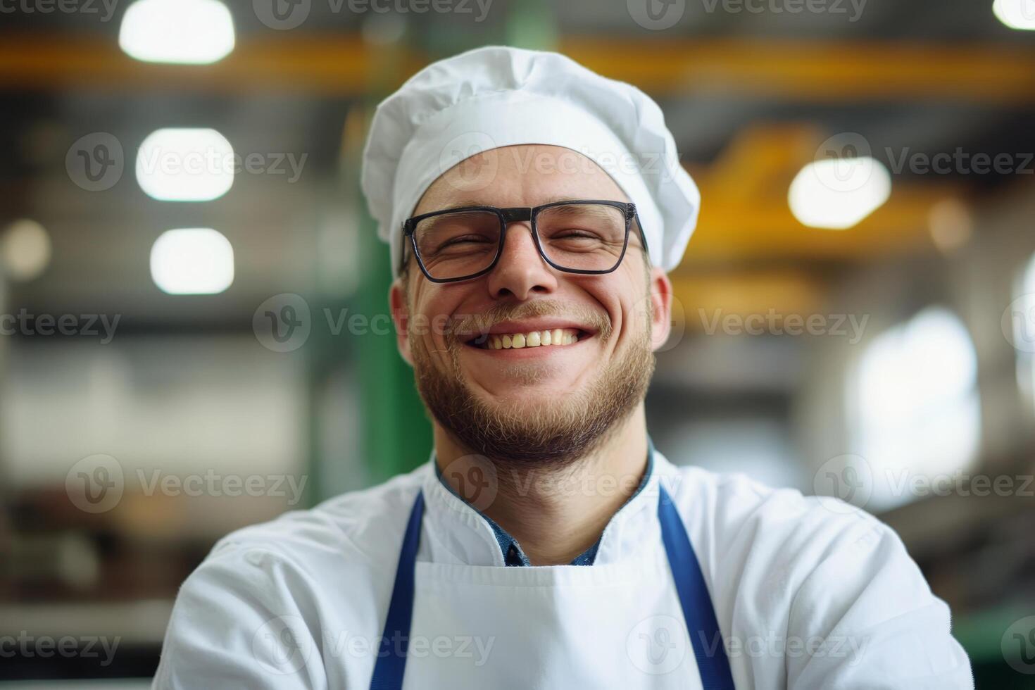 Cheerful chef smiling while wearing a white hat and apron in a bustling kitchen environment photo