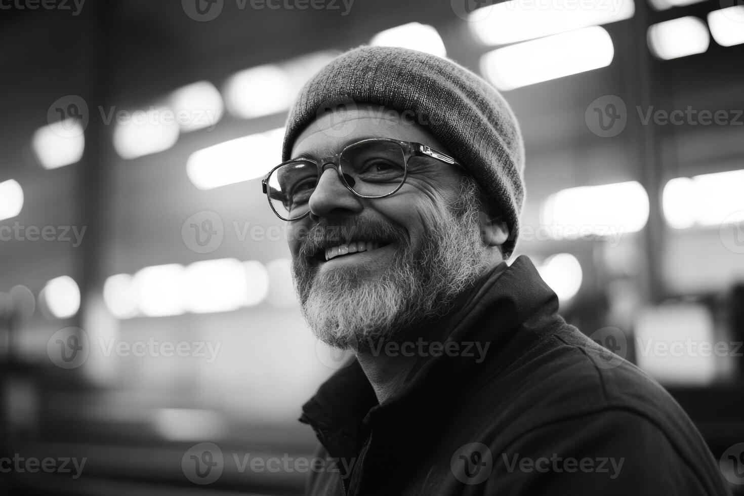 Smiling man wearing glasses and a beanie in an industrial space with bright lights photo