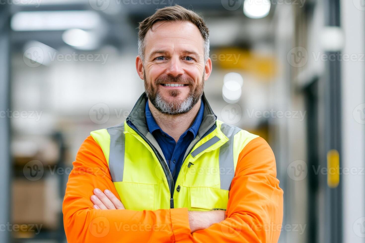Smiling worker in safety gear stands confidently with arms crossed in industrial warehouse photo