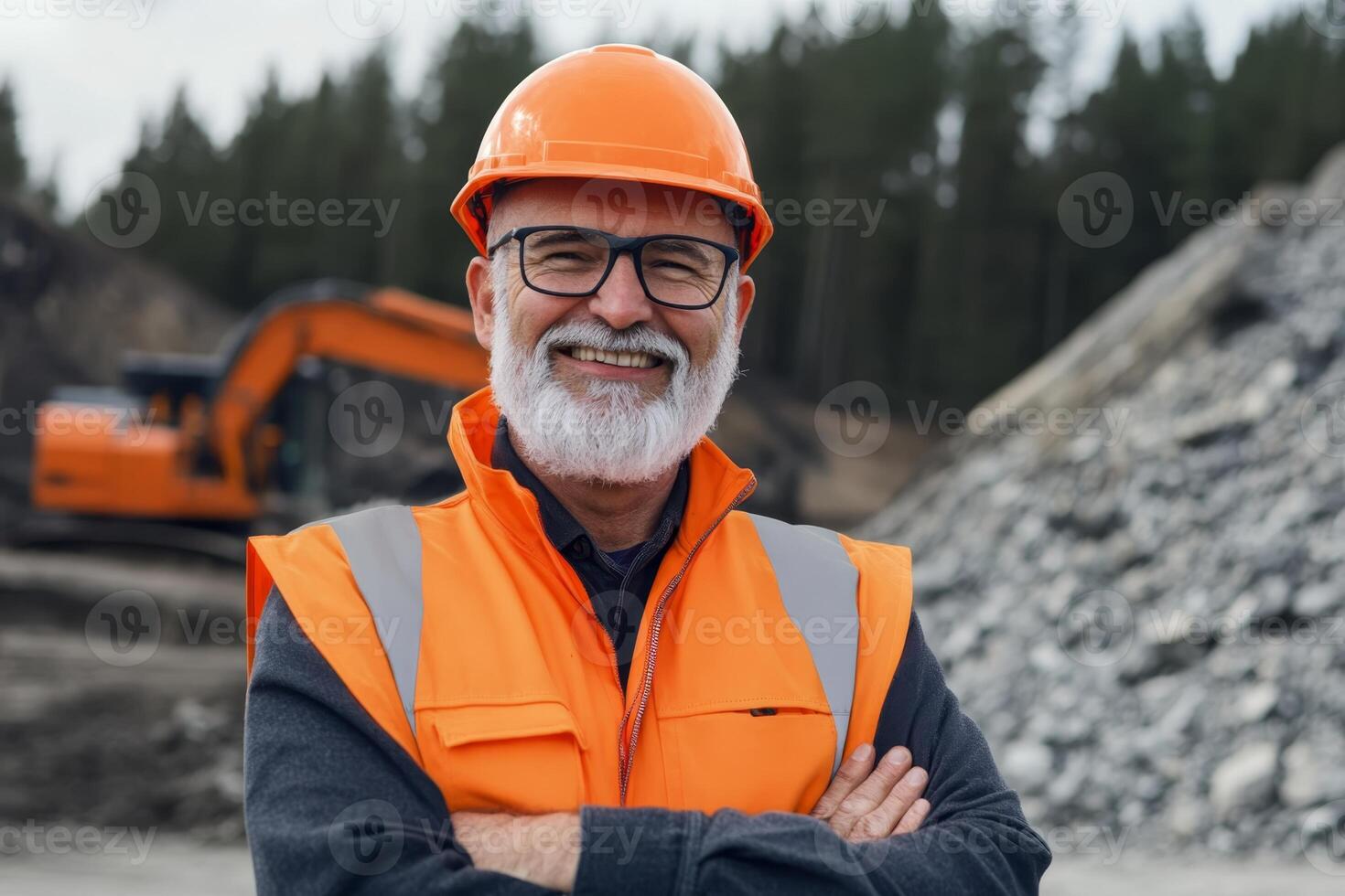 Experienced construction worker smiling confidently at a work site during daylight hours photo