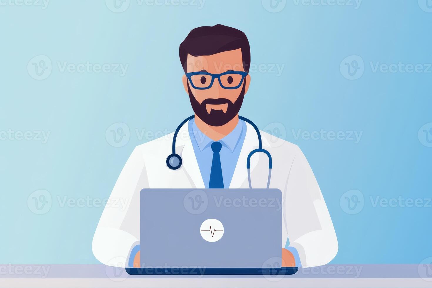 Doctor in white coat using laptop with stethoscope preparing for virtual consultation photo