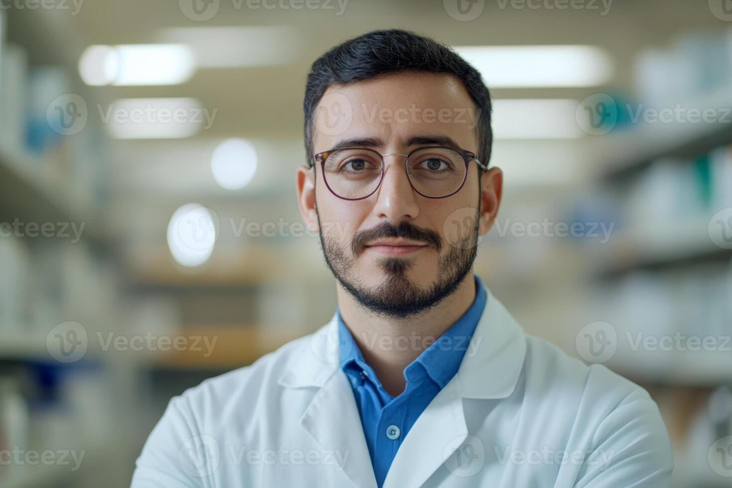 A pharmacist in white lab coat stands with crossed arms, showcasing confidence and professionalism in a pharmacy filled with shelves of medications during the day photo