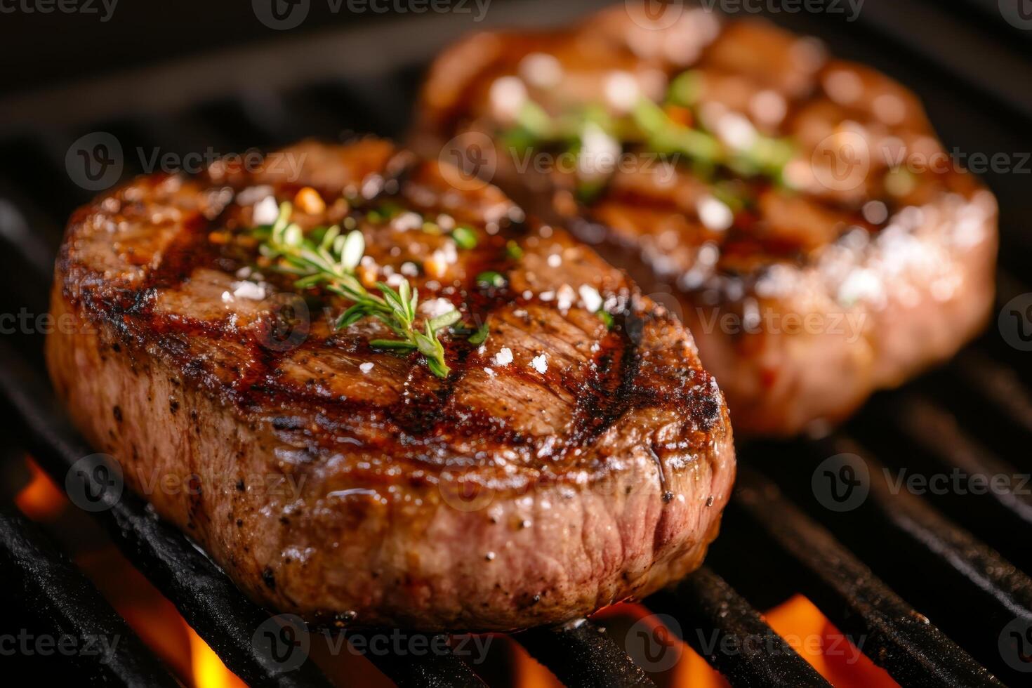 Juicy steaks grilling over an open flame with aromatic herbs for a delicious barbecue experience photo