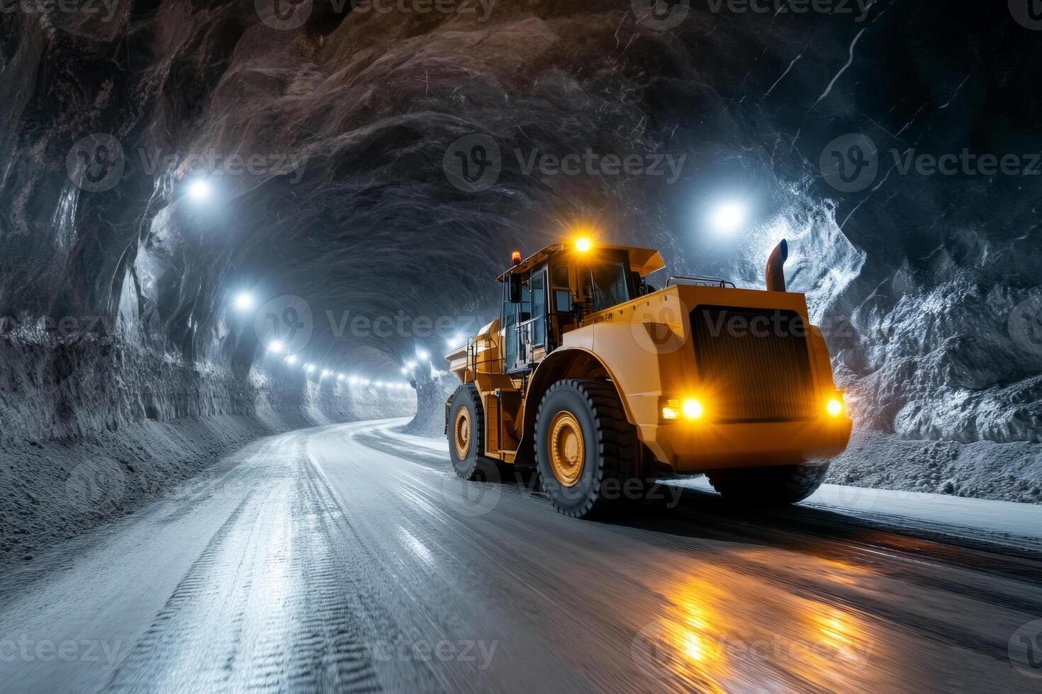 Heavy machinery operates in an underground mining tunnel during evening hours photo