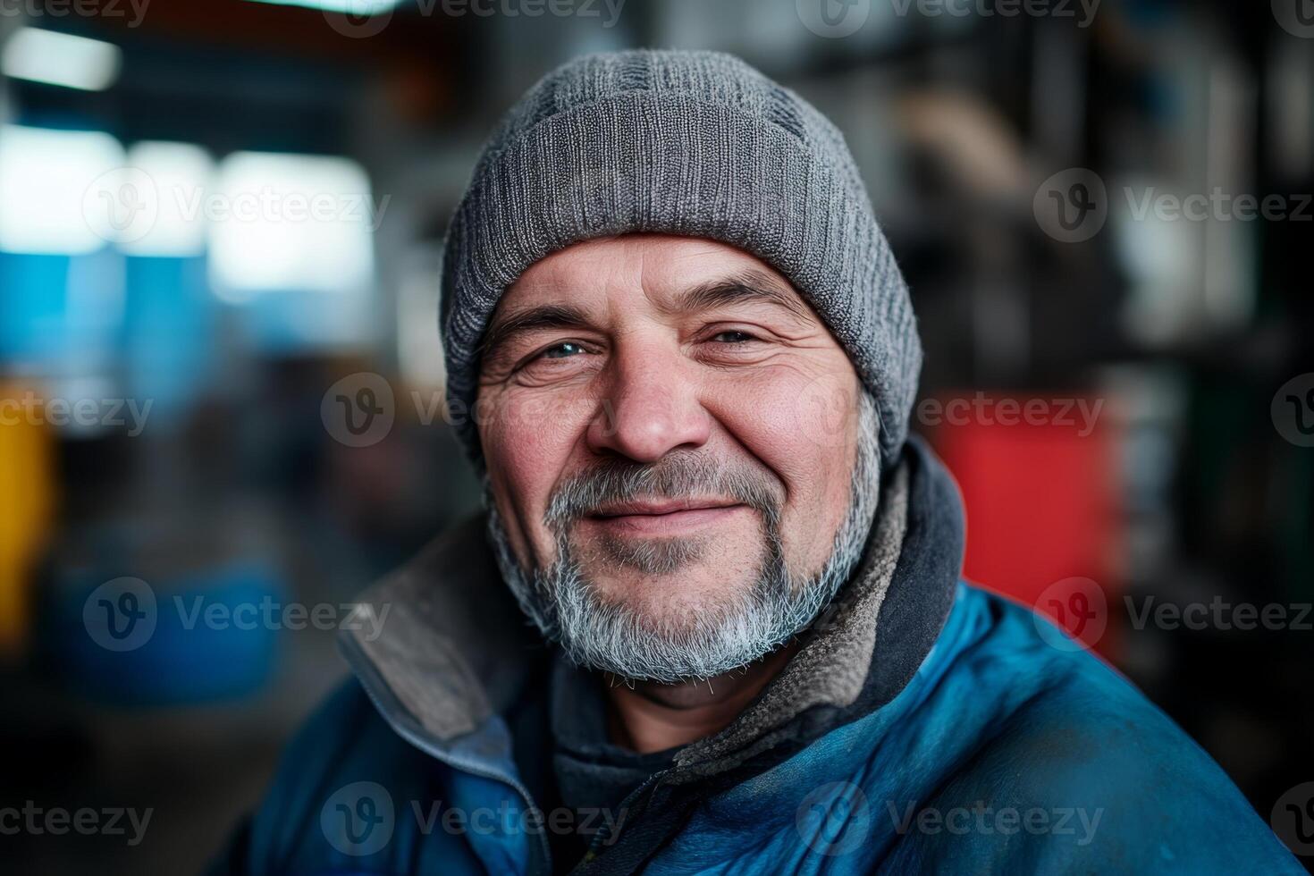 Elderly man with gray beard smiles warmly in workshop during winter photo