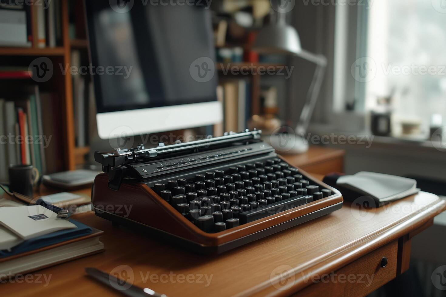 Vintage typewriter resting on a wooden desk beside a modern computer in a cozy home office photo