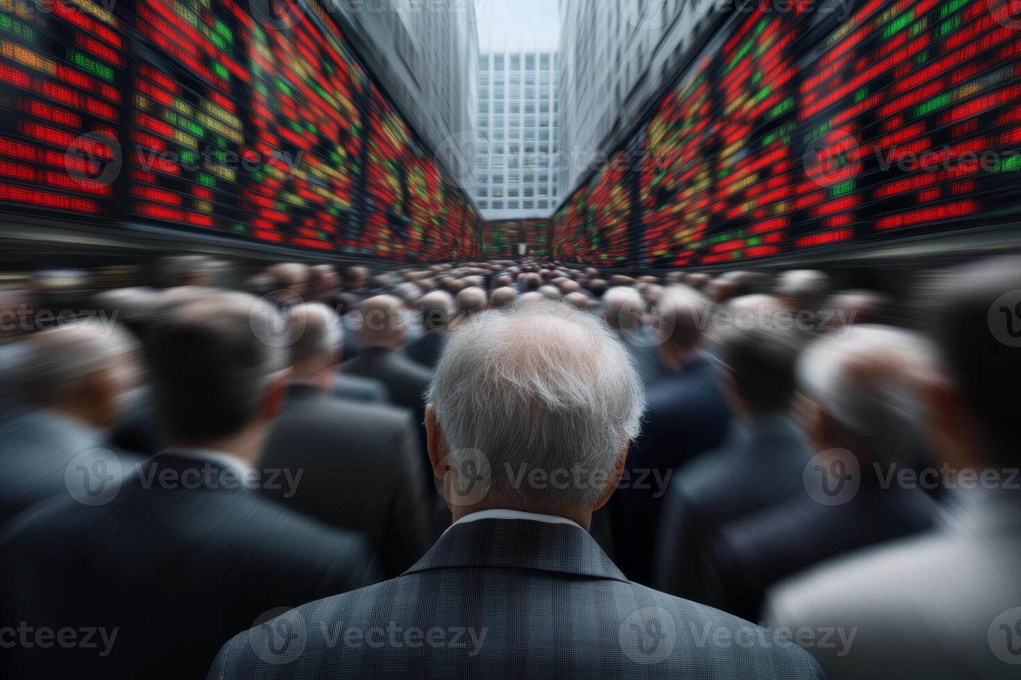 Crowd of businesspeople in a financial district during a trading session with stock market displays photo