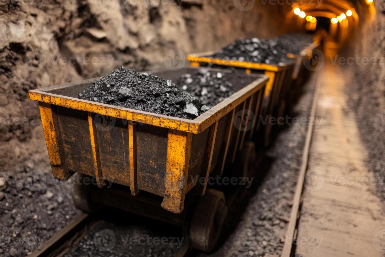 Coal carts transporting mined material through a dimly lit tunnel at an underground mining site photo