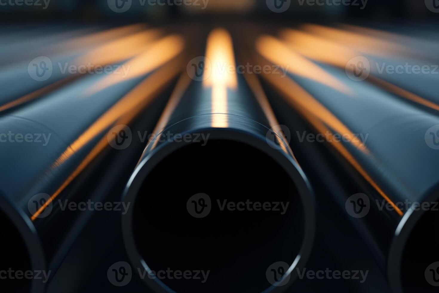 Steel pipes illuminated by evening light in an industrial setting create a striking visual effect photo