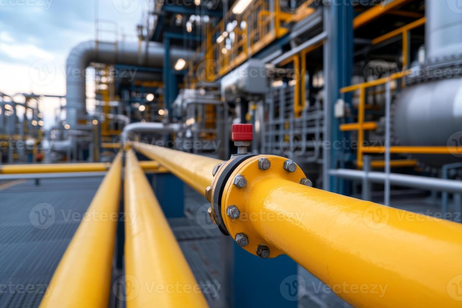 Industrial site features vibrant yellow pipelines and complex machinery during late afternoon light photo