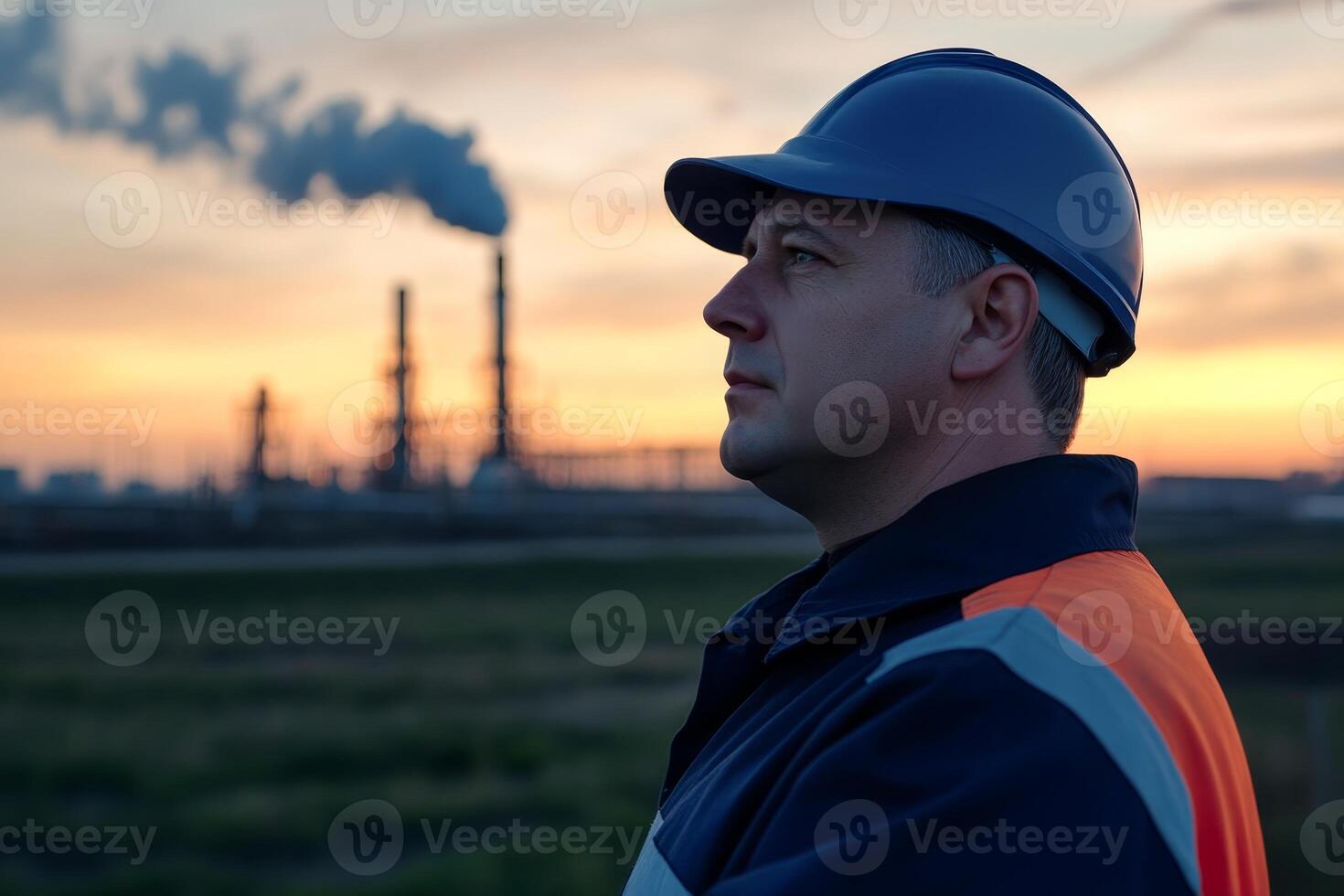 Worker looking at industrial landscape during sunset with smokestacks in the background photo