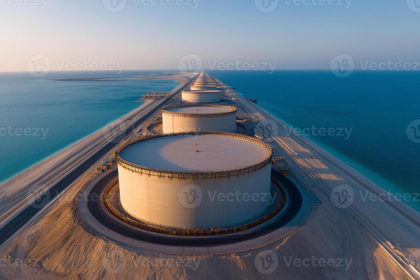 Oil storage tanks line the coast near a calm blue sea during a clear afternoon sky photo