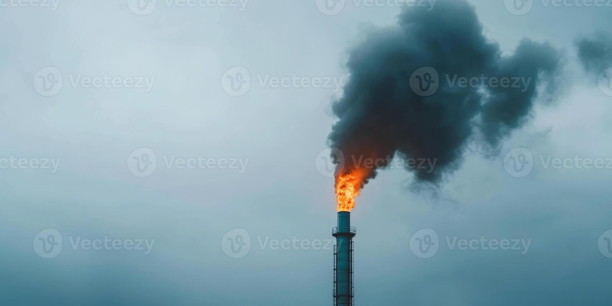 Smoke and fire billow from industrial chimney on a cloudy day photo