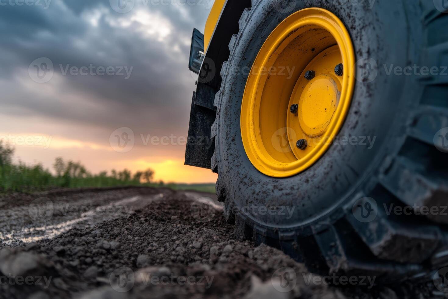 Tractor tire rolling on freshly tilled earth during sunset in a rural landscape photo