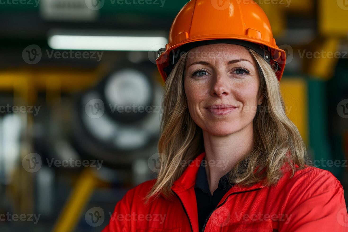 Woman wearing orange hard hat and red coveralls smiles confidently while working in an industrial environment photo