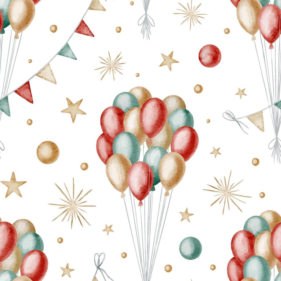 Seamless watercolor Pattern with festive Balloons, stars and ribbons in red, green, and gold colors. illustration of background for childish birthday design or party wrapping paper design. vector