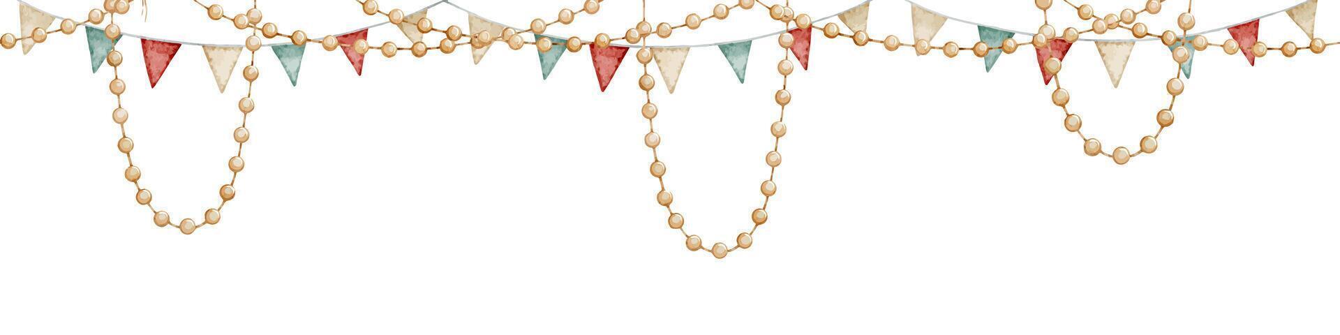 Watercolor Garland Border with colorful lights and bunting flags. Illustration of seamless pattern for festive greeting cards or childish carnival invitations. Art for baby design. vector