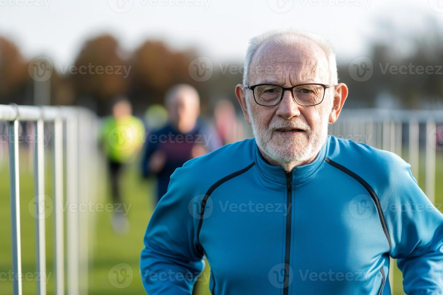 Senior man jogging in park during morning run with fellow participants in the background on a clear day photo