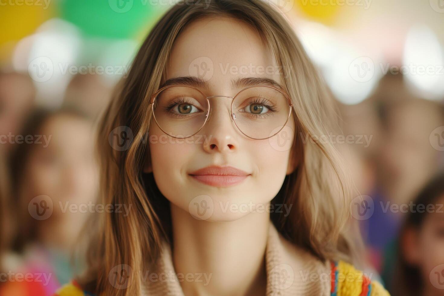 Young woman with glasses smiles warmly in a colorful setting during a lively gathering with friends and family photo