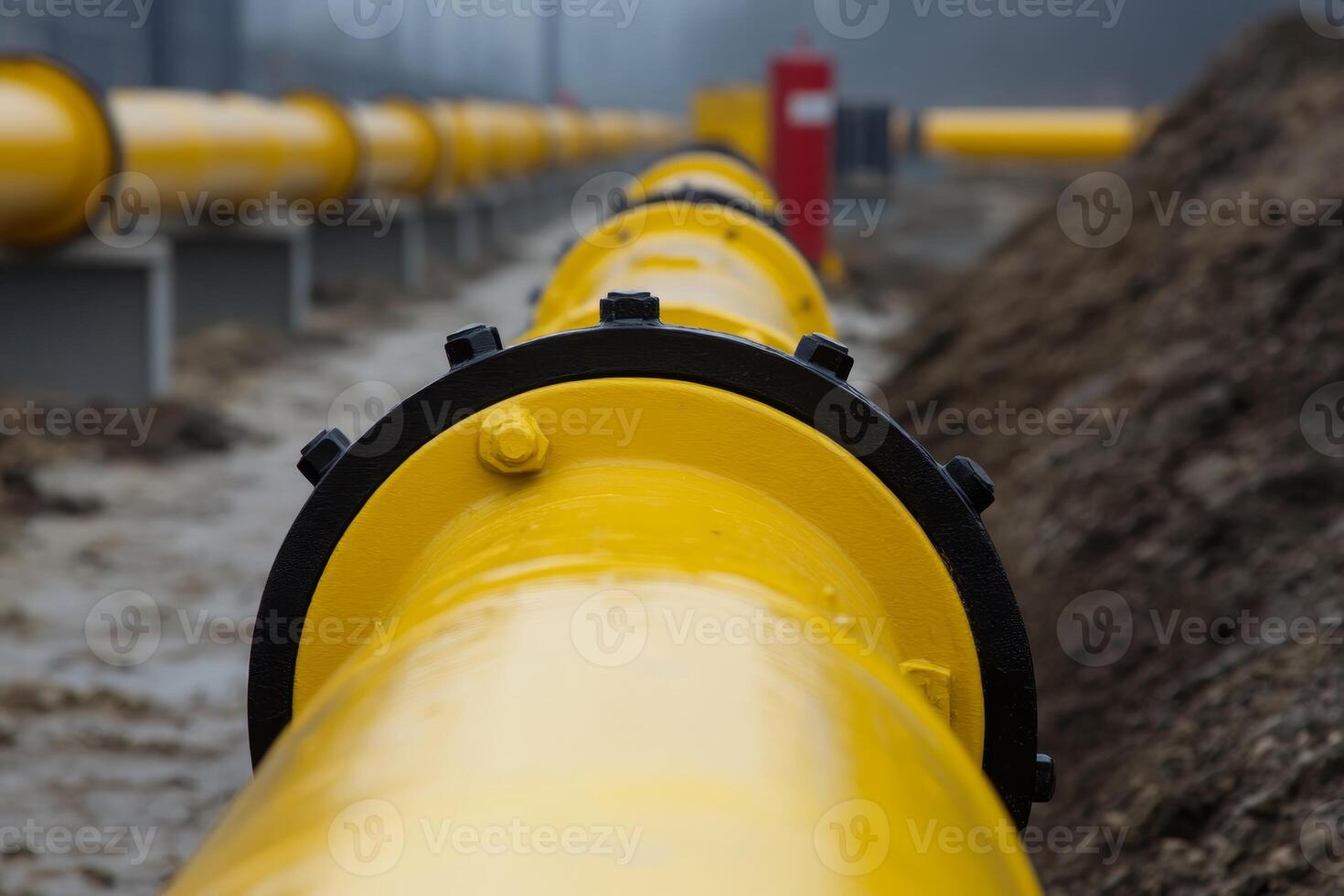 Industrial pipeline system under overcast weather conditions near a construction site with earthworks in progress photo