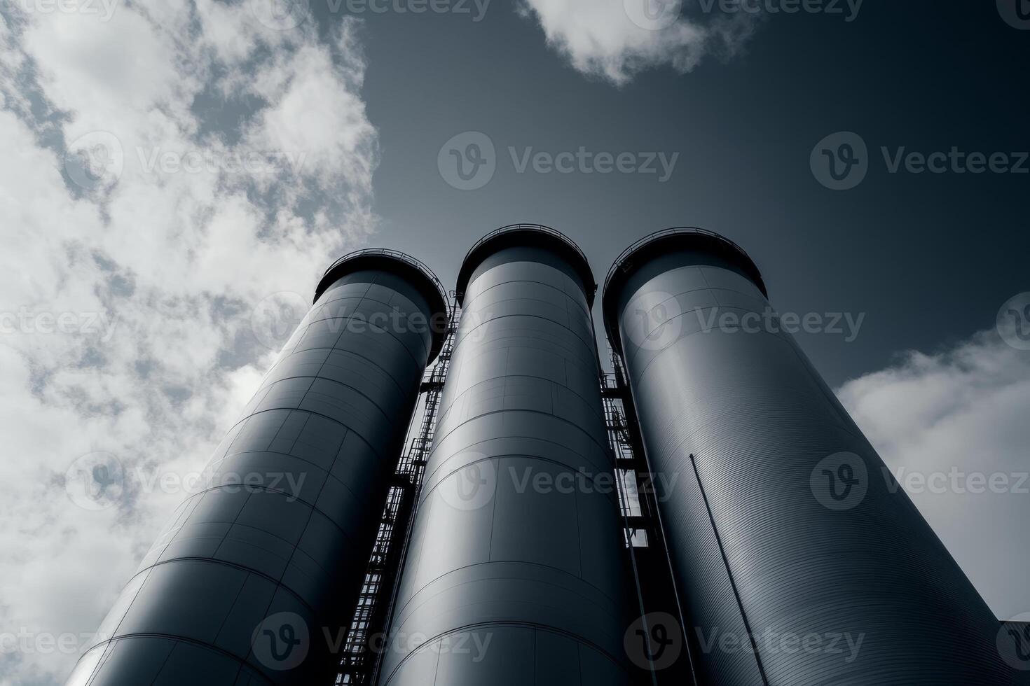 Tall industrial silos rise against a cloudy sky in a modern urban area during the daytime photo