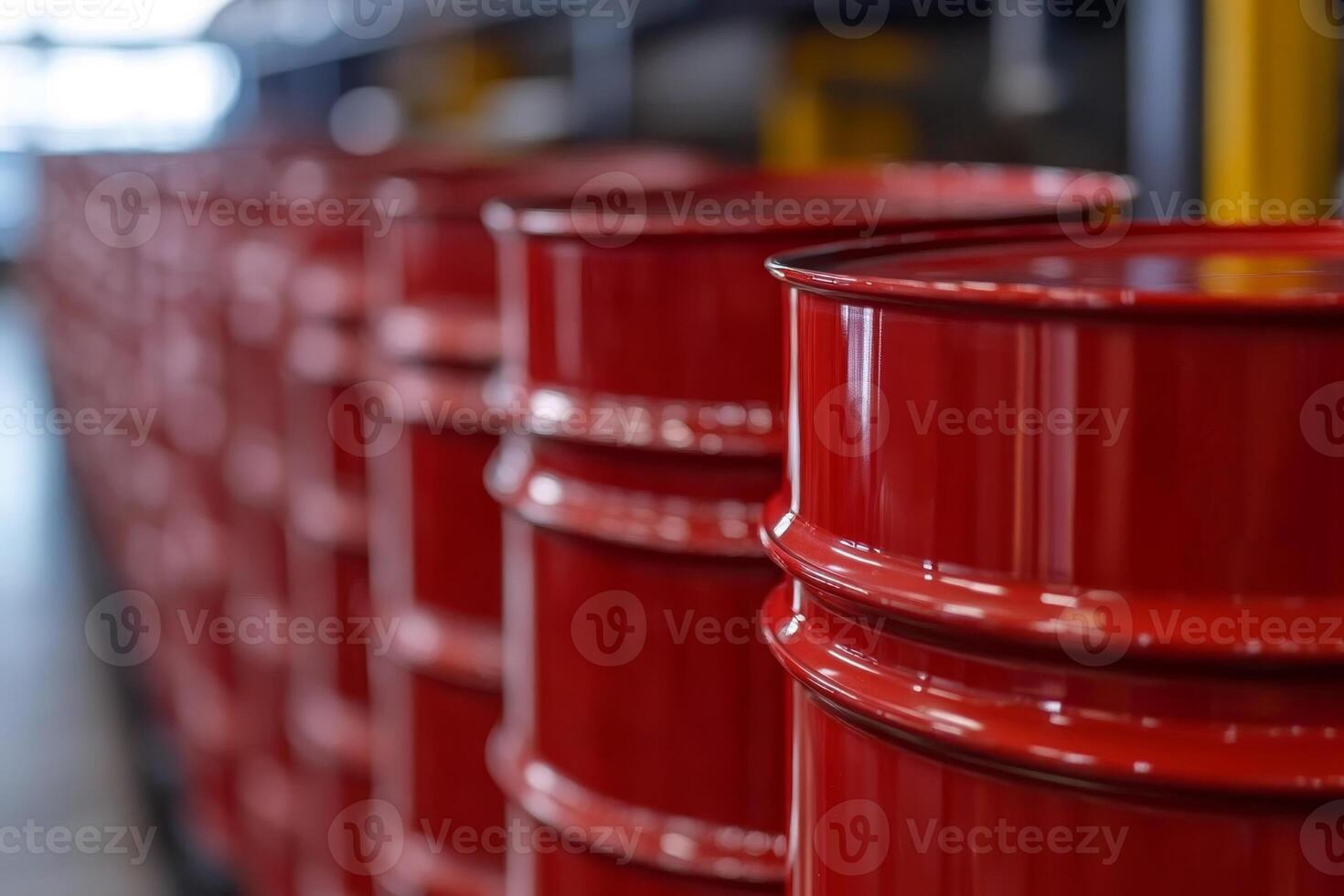 Rows of red barrels lined up in a warehouse for storage and distribution purposes photo
