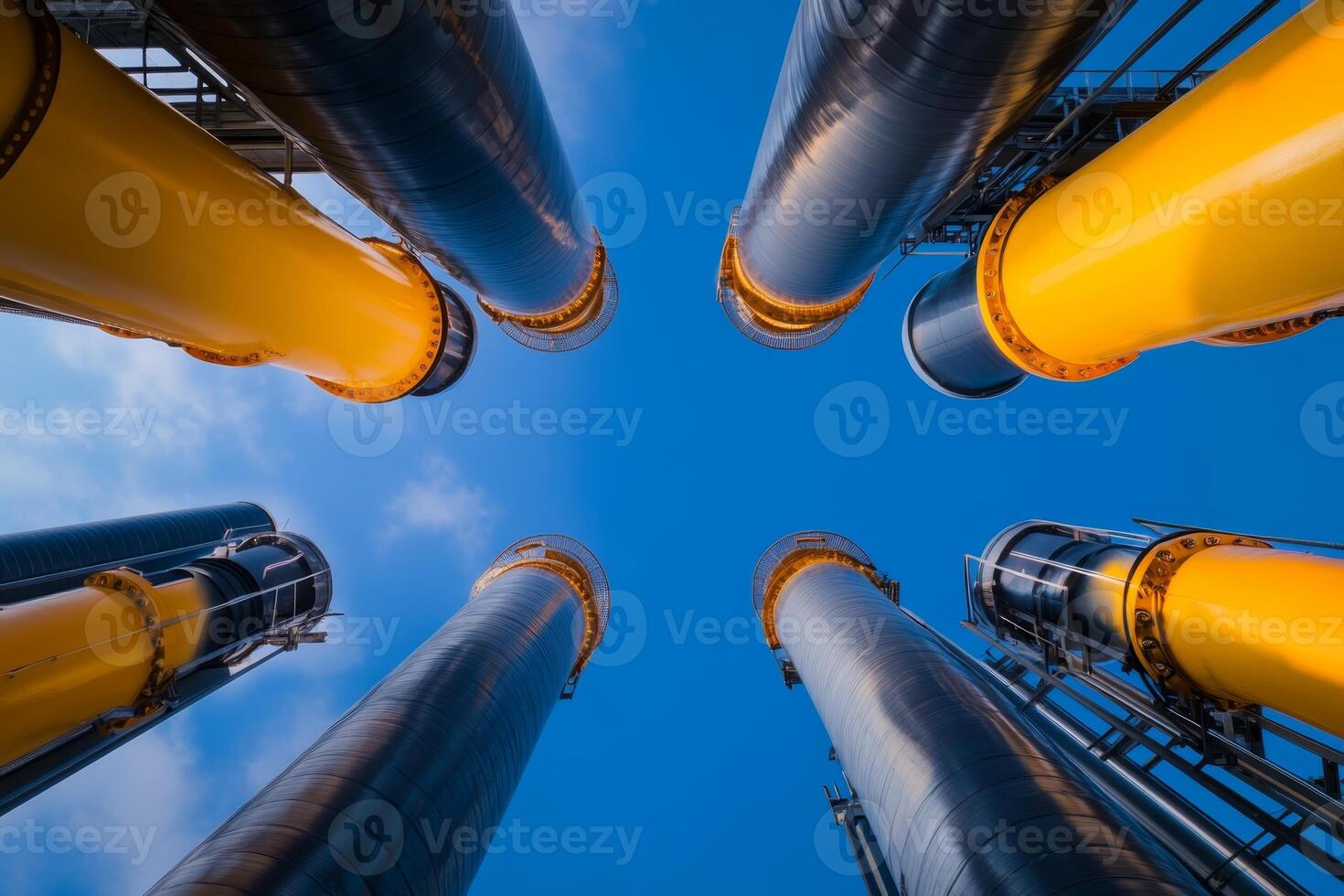 Tall industrial pipes stretch skyward against a vivid blue background at a manufacturing facility photo