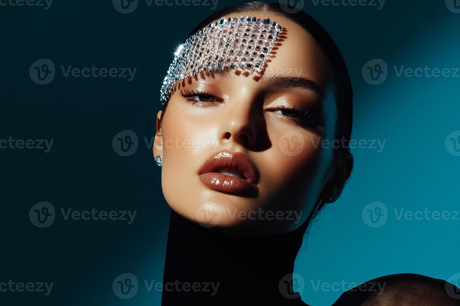 Model showcases striking makeup and high-fashion jewelry in a dramatic lighting setup photo