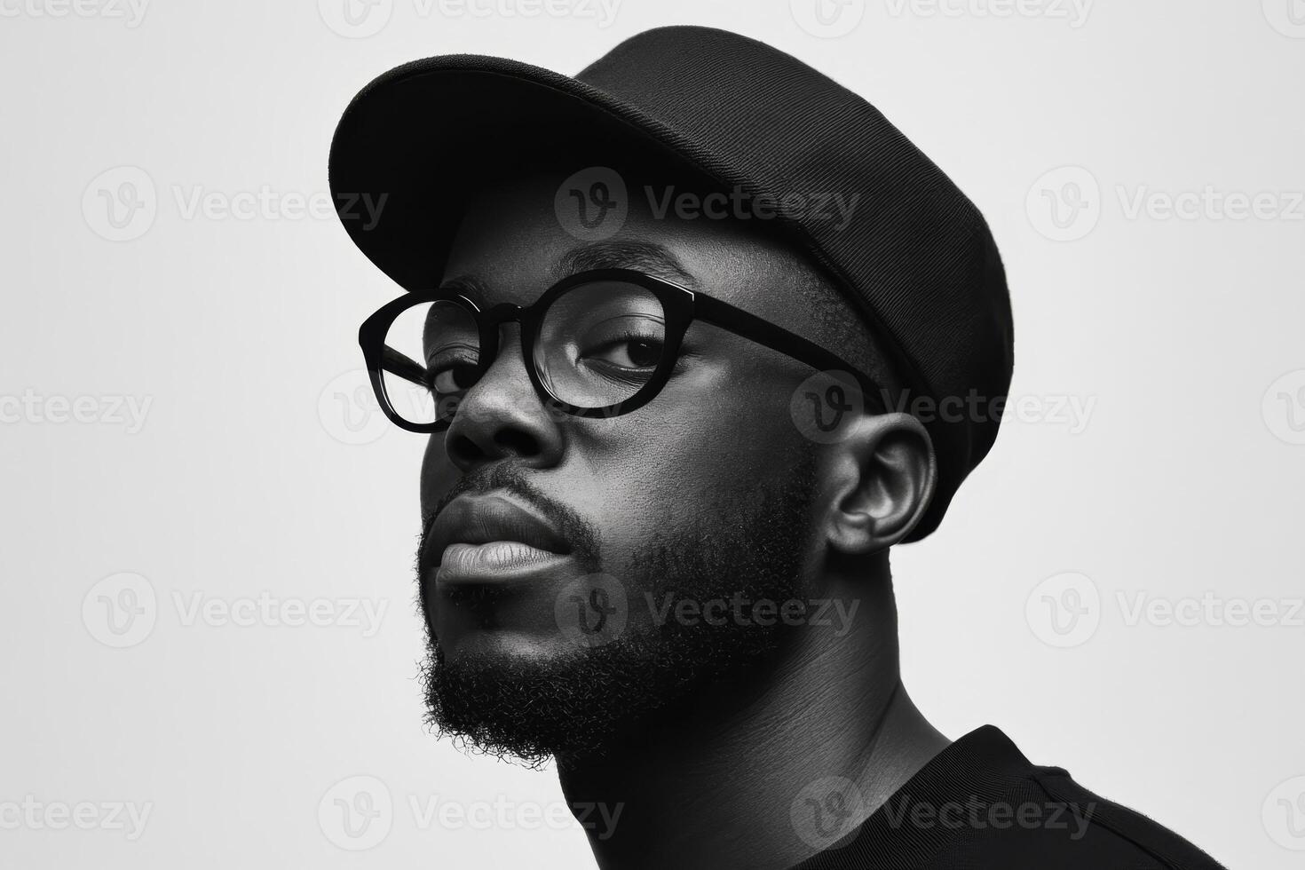 Portrait of a man with glasses wearing a cap in a minimalist setting photo