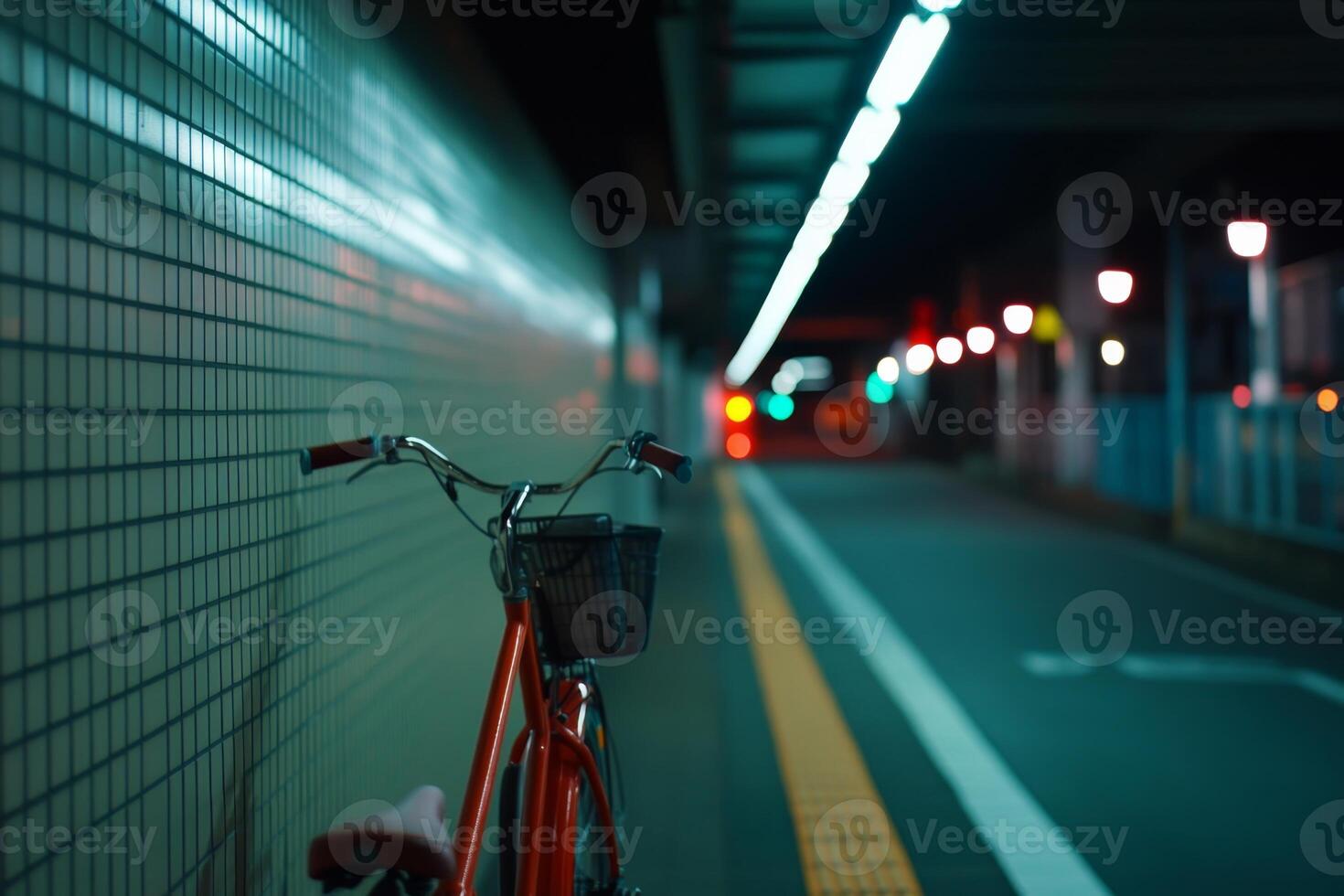 Bicycle parked near illuminated platform in an urban setting during nighttime photo