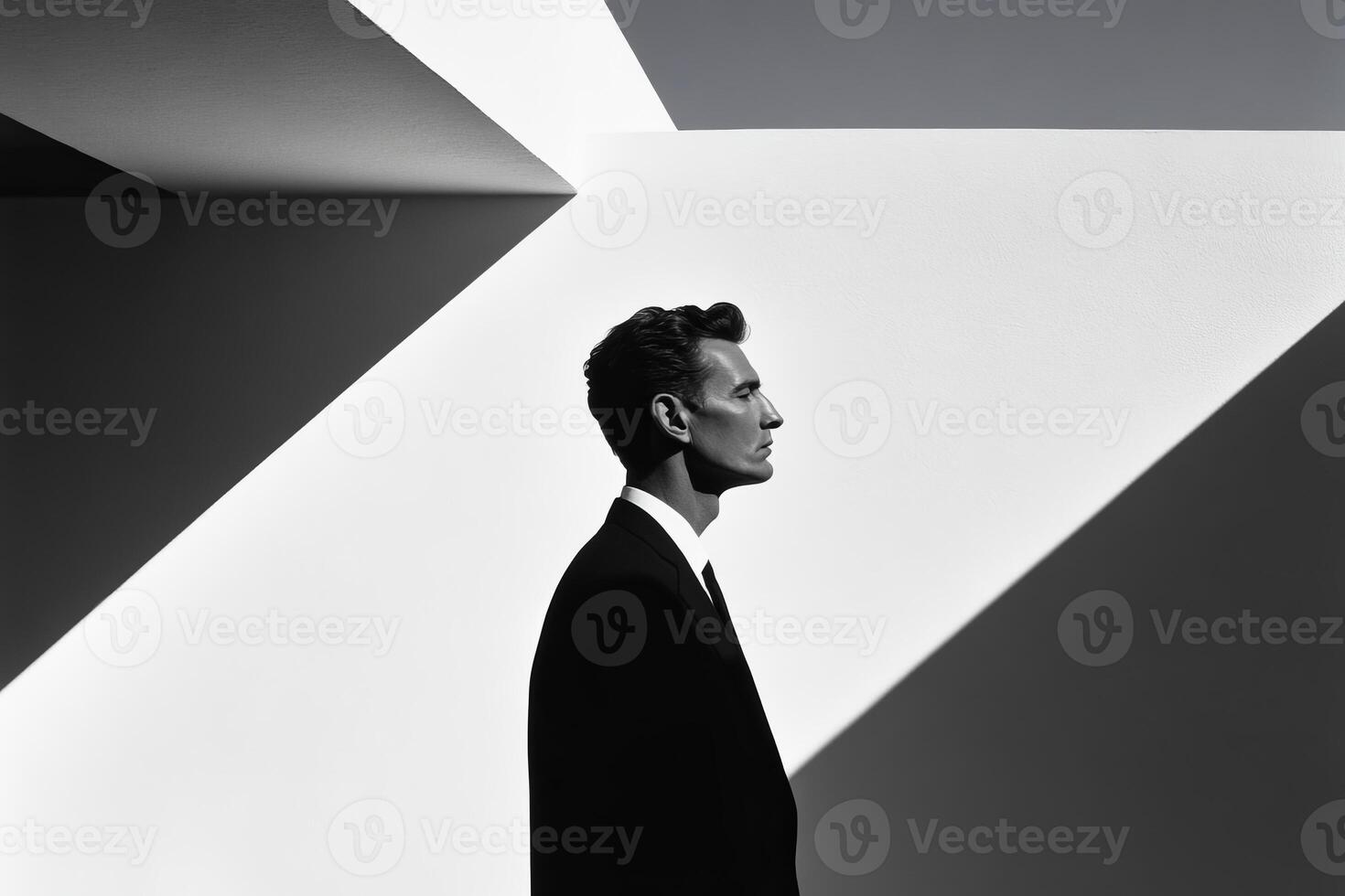 Profile of a man in a formal suit contrasted against geometric black and white shapes in a modern setting photo
