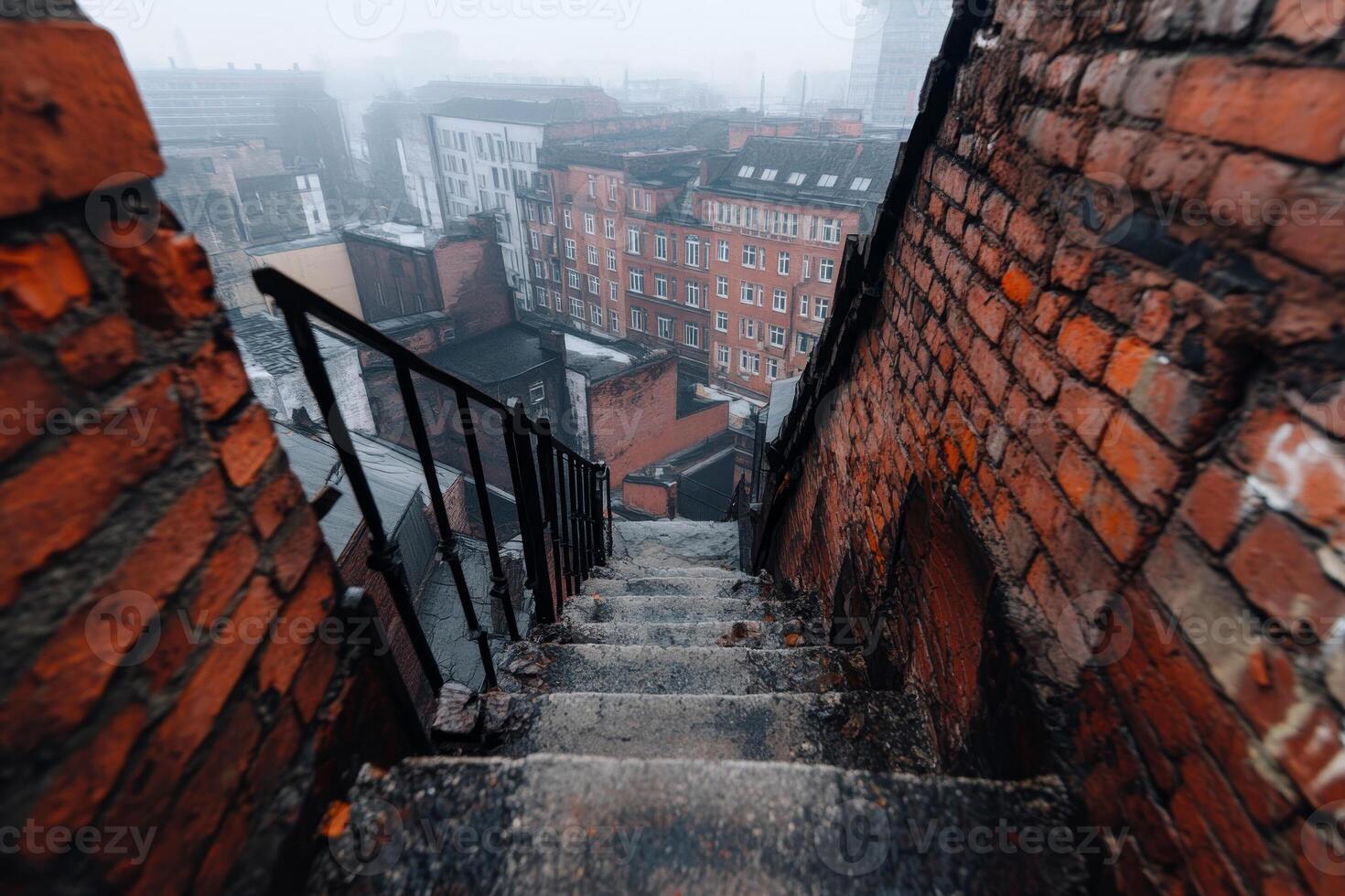 Staircase leading down from rooftop in urban area during foggy morning photo