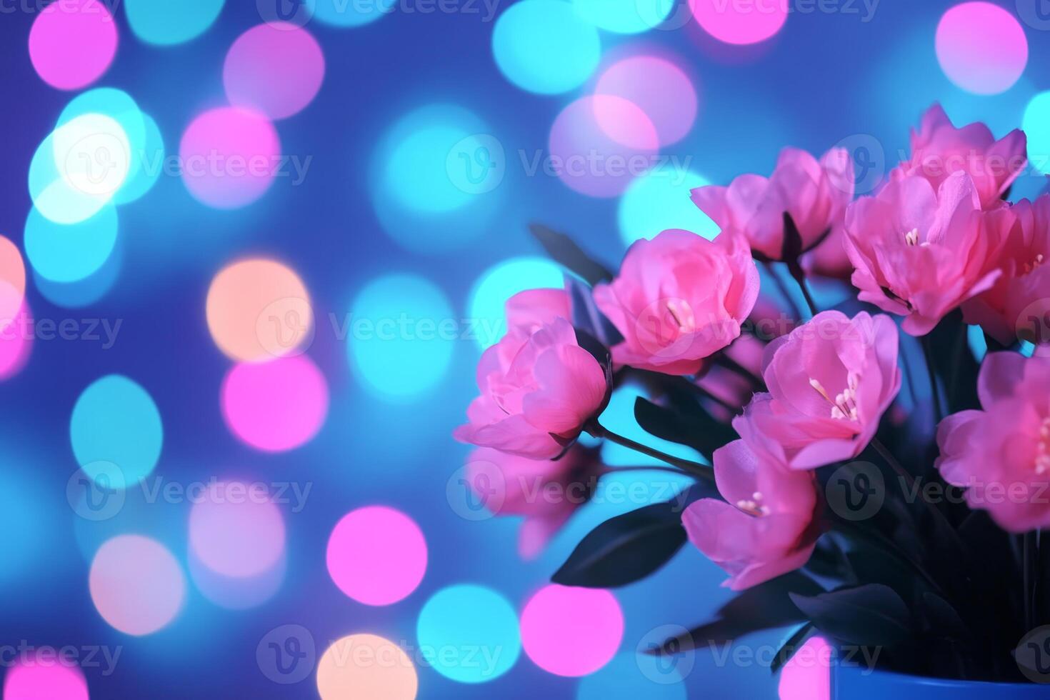 Colorful bouquet of pink flowers with soft bokeh background creating a vibrant atmosphere at night photo