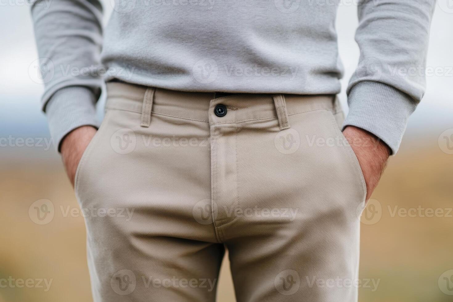 Casual outdoor fashion with a focus on neutral colored pants and a gray sweater in a natural setting photo