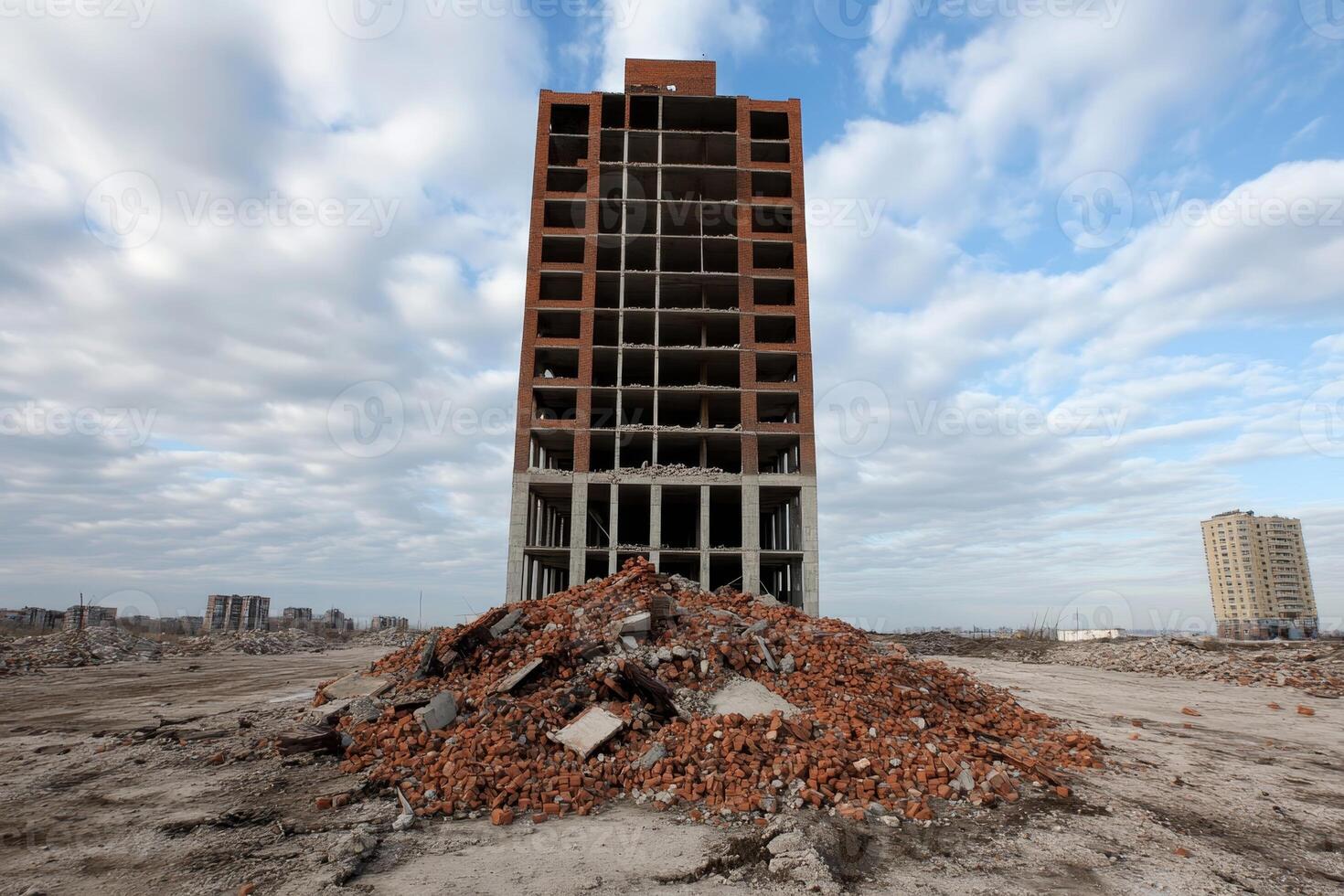 Abandoned building surrounded by rubble in an empty construction site under a cloudy sky photo