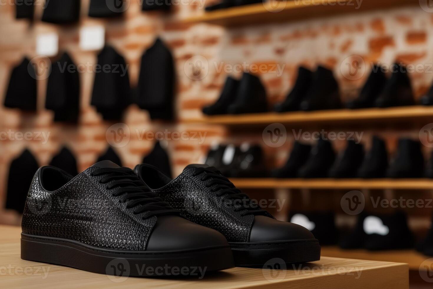 Stylish black sneakers displayed on a wooden shelf in a minimalist shoe store with a brick wall backdrop photo
