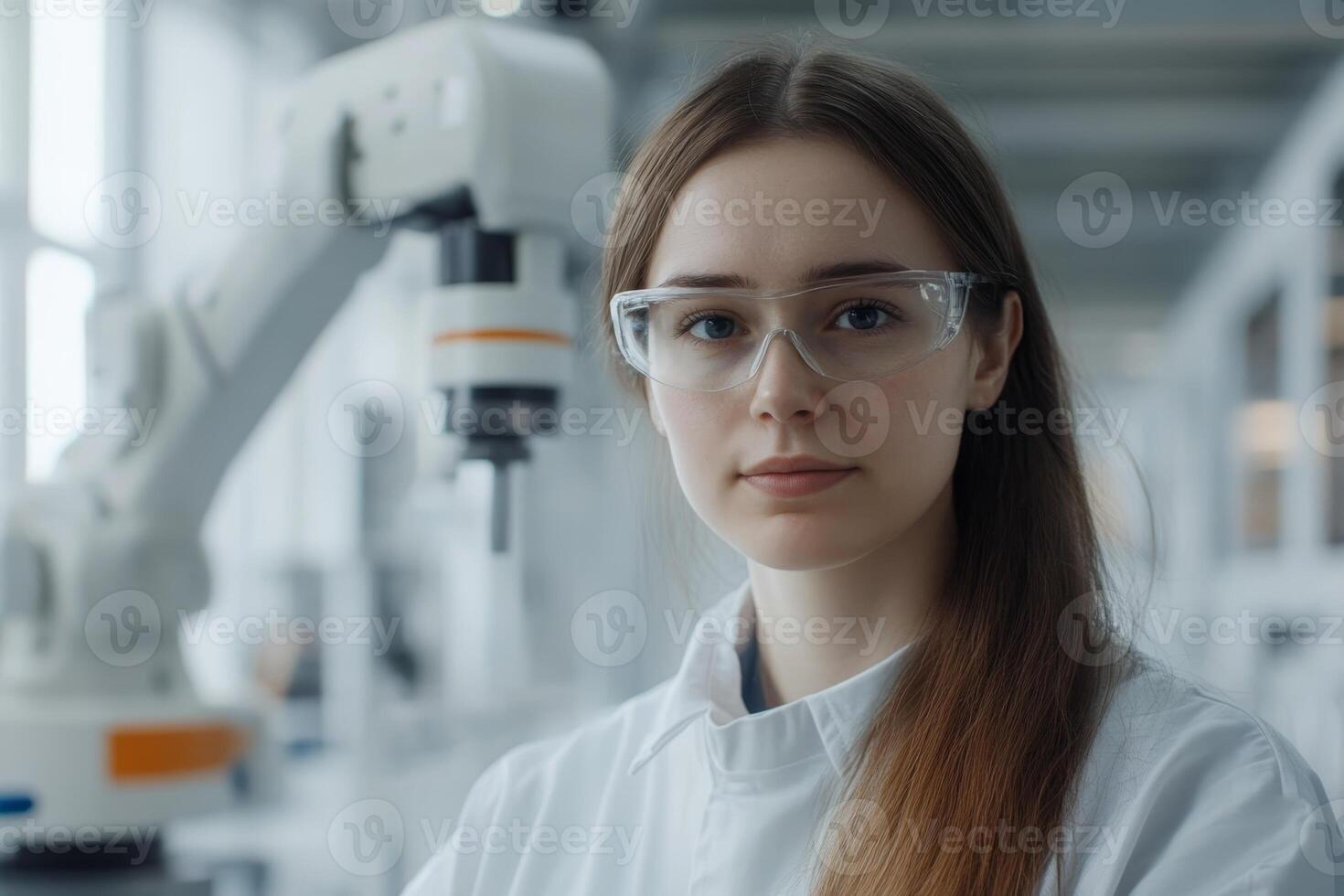 A young woman wearing protective eyewear is focused on her work in a laboratory. Robotic equipment and advanced machinery surround her, showcasing innovation in research photo