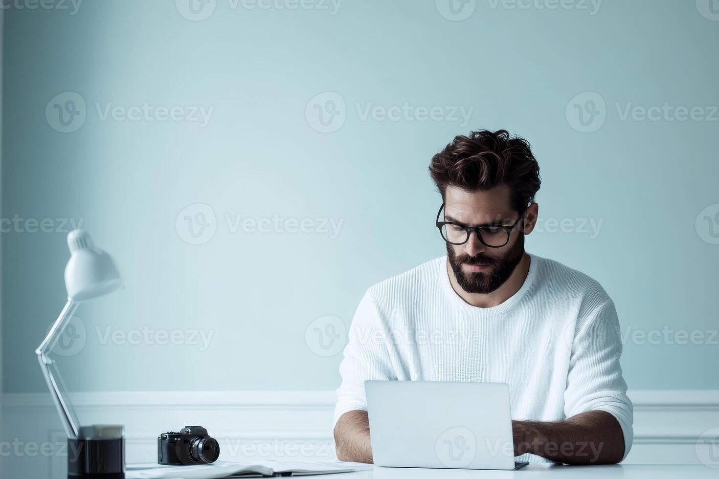 Young man with glasses working on laptop in modern workspace with camera and desk lamp photo
