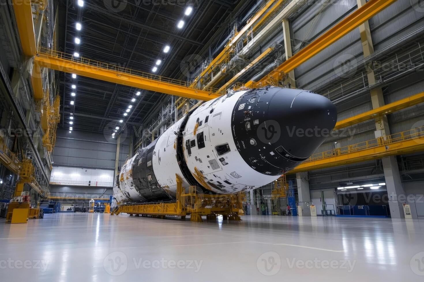 Rocket being prepared for launch inside a large assembly facility with industrial equipment and bright lighting photo
